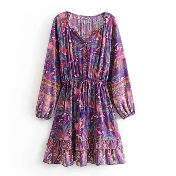 SOLD OUT Boho Purple Wisteria Long Sleeve Ruffled Dress - Picture 9 of 14